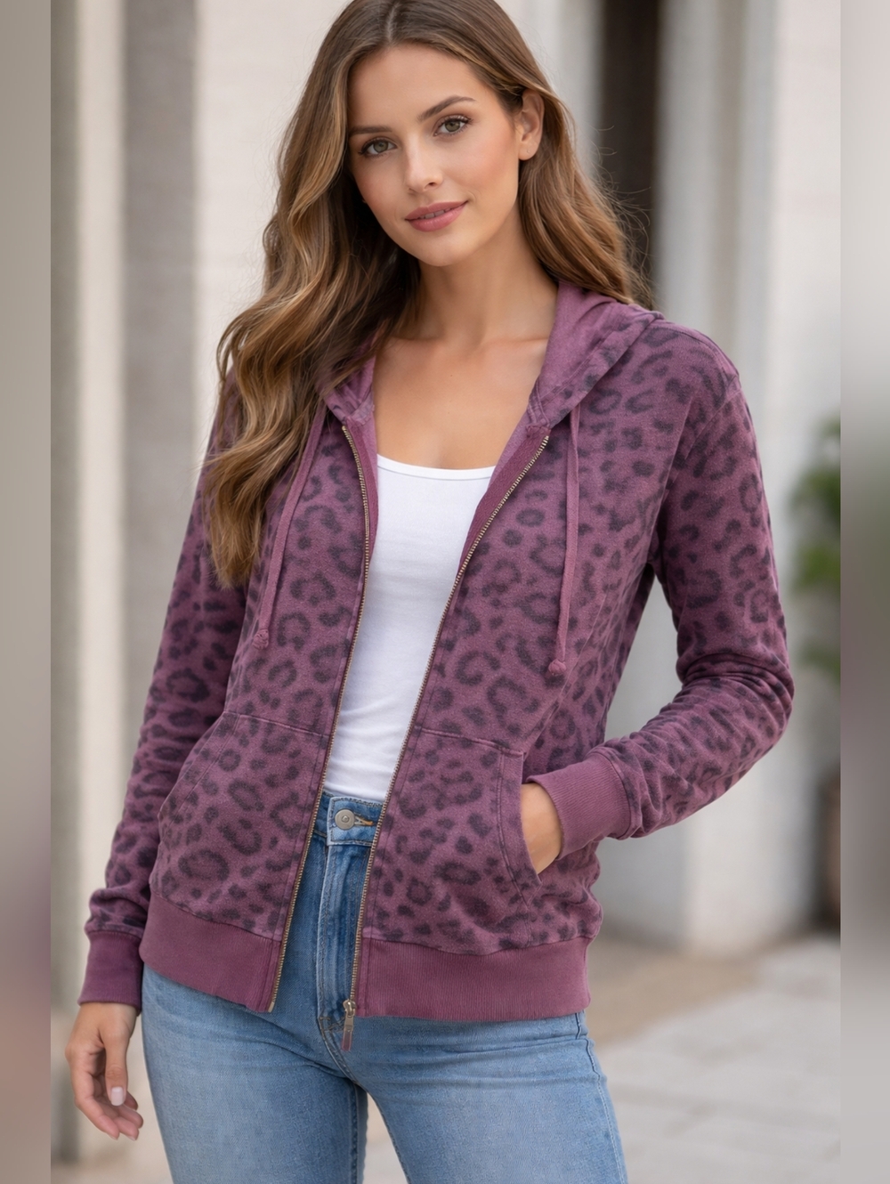 SPLENDID Leopard Print Zip Up, Size S